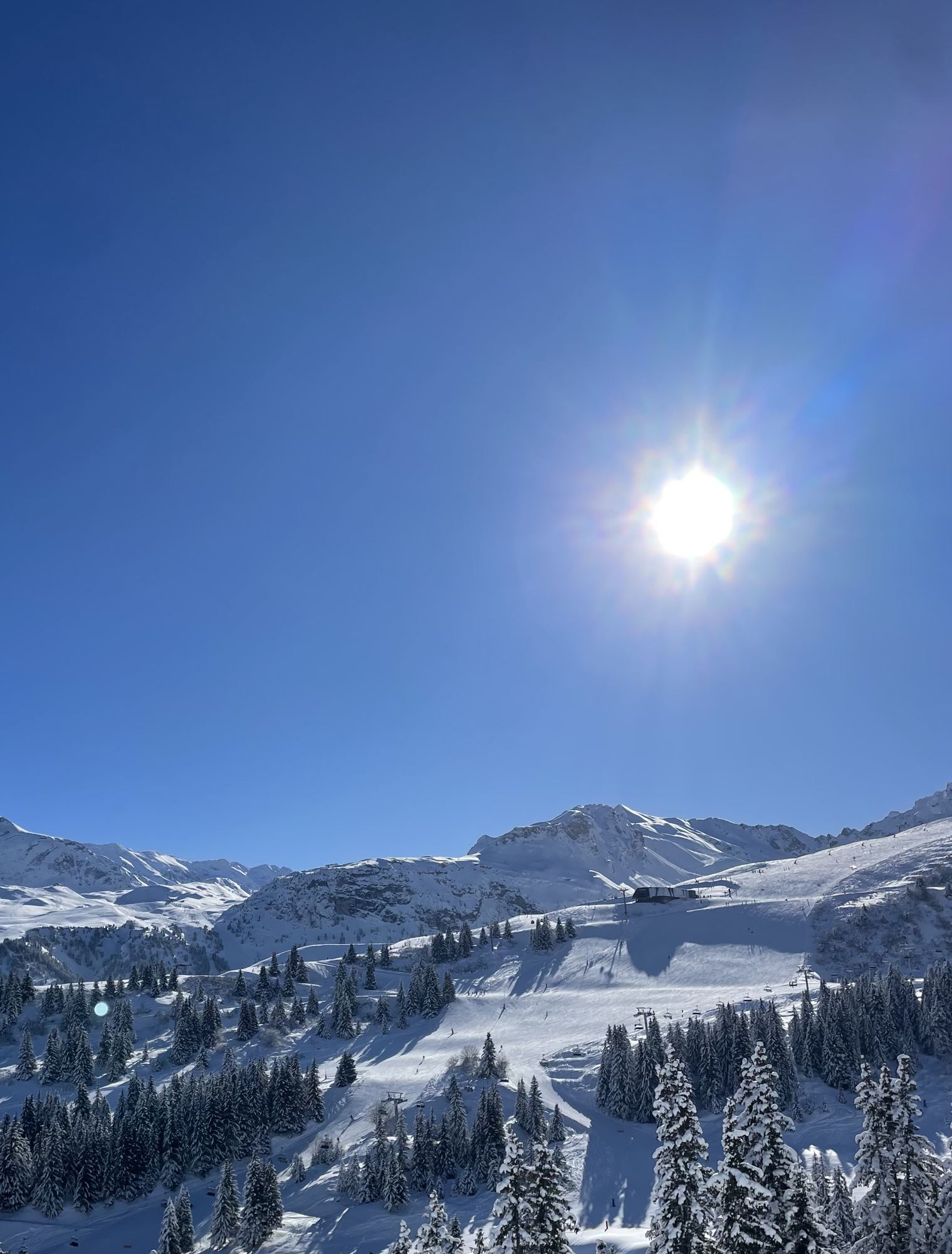 Sol de invierno sobre las pistas y los bosques nevados de Courchevel