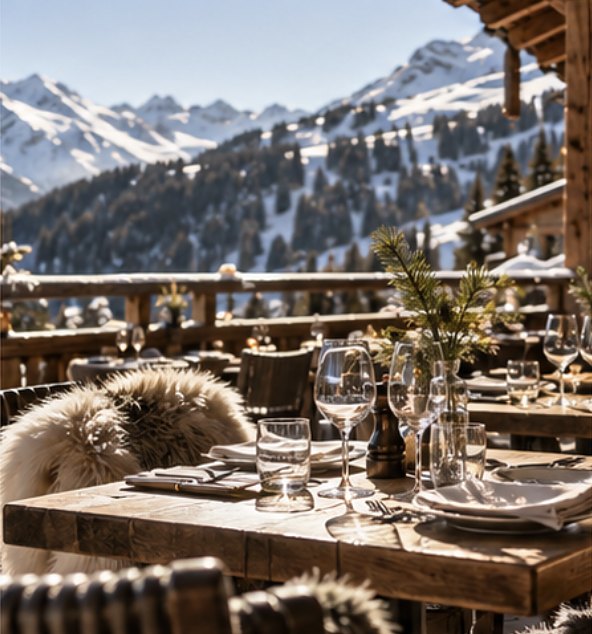 Una mesa puesta en una terraza de montaña soleada, con sillas cubiertas de piel de oveja