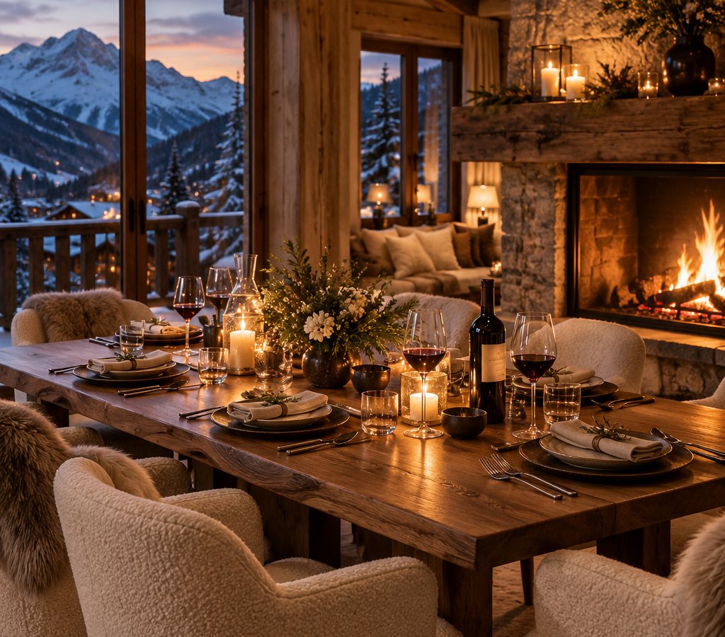 Una mesa de chalet a la luz de las velas junto a una chimenea de piedra encendida