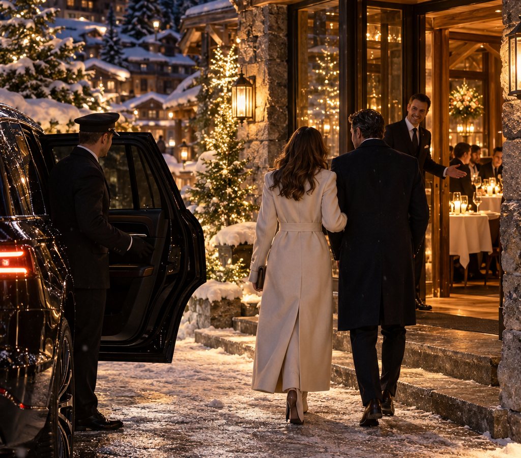 Un chófer sostiene la puerta mientras una pareja entra en un restaurante a la luz de las velas en una noche de nieve